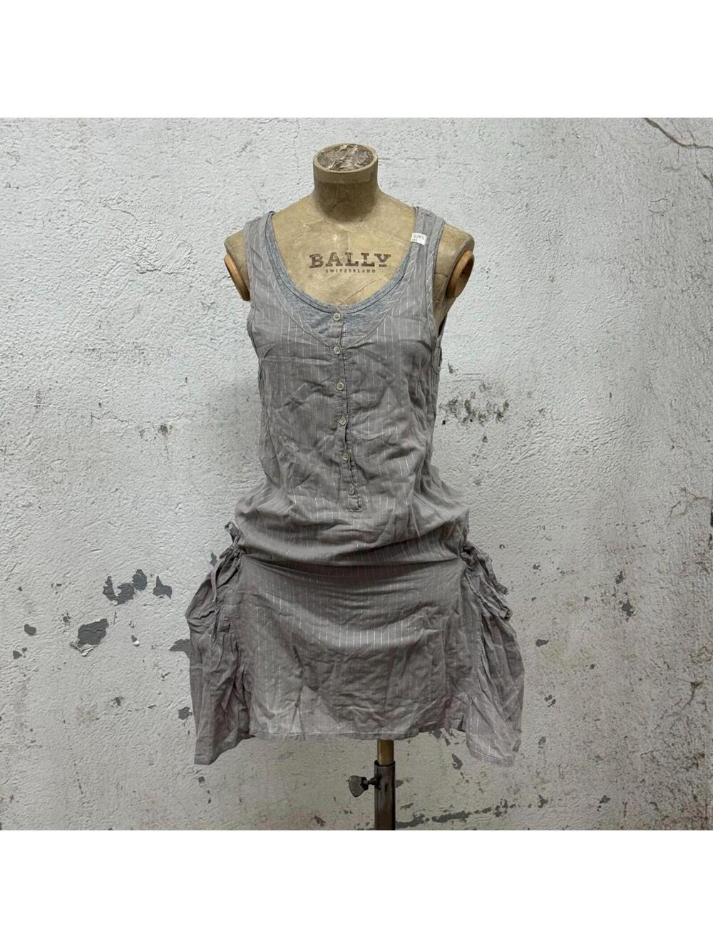 Vintage Y2K IKKS Technical Pinstripe Drawstring Dress Grey